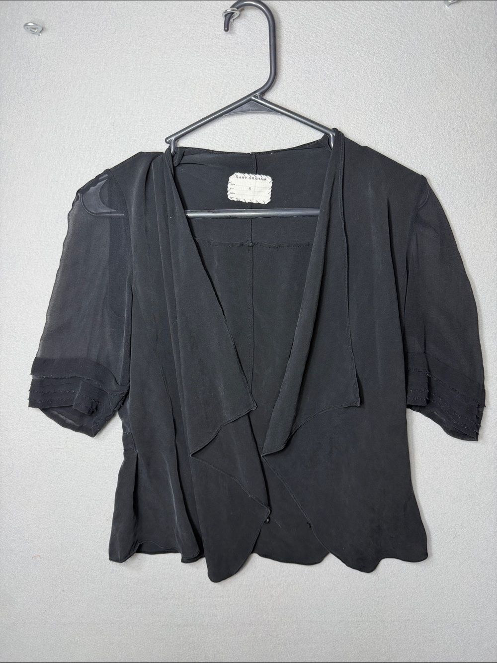 Gary graham 100% silk Black Draped Short-Sleeve Blouse cardigan